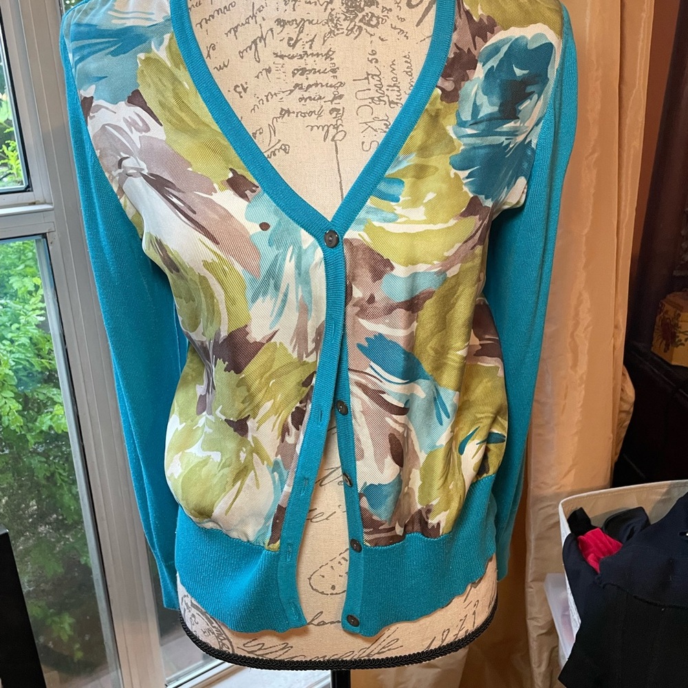 Light cardigan.  Blue and green.